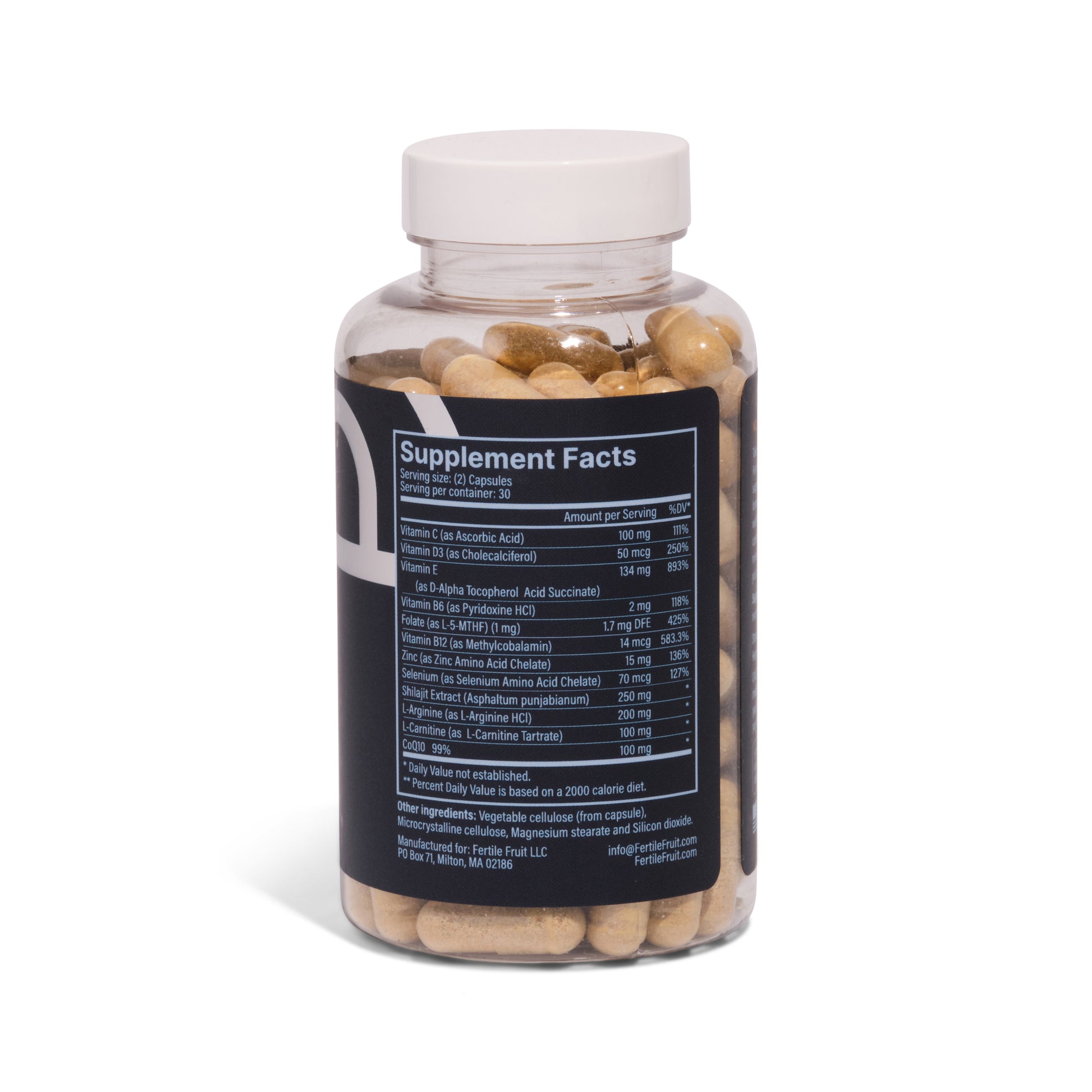 The nutritional information and ingredients label for Fertile Fuel, a men's fertility supplement.