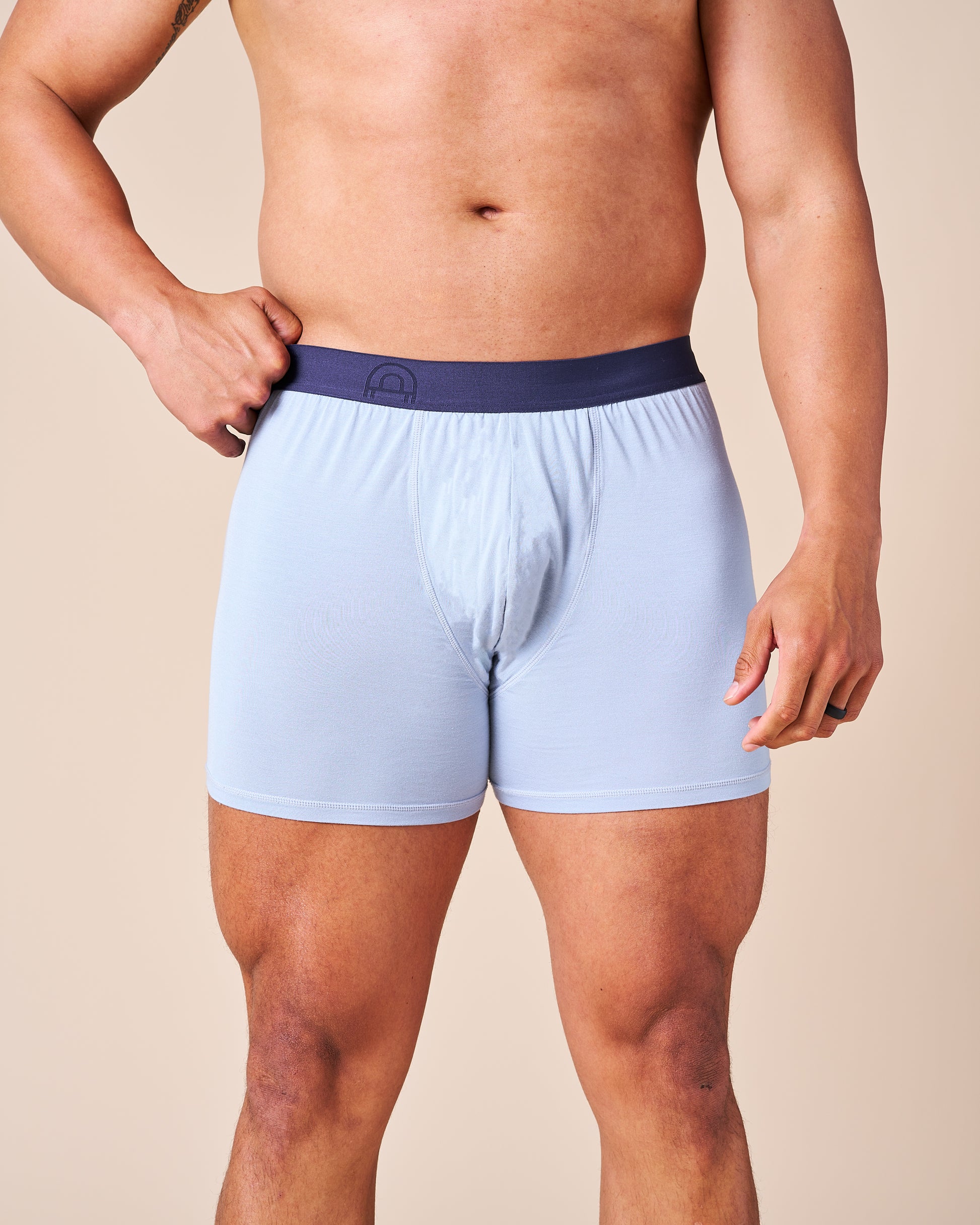 Man wearing light blue fertility underwear from Fertile Fruit front shot. 
