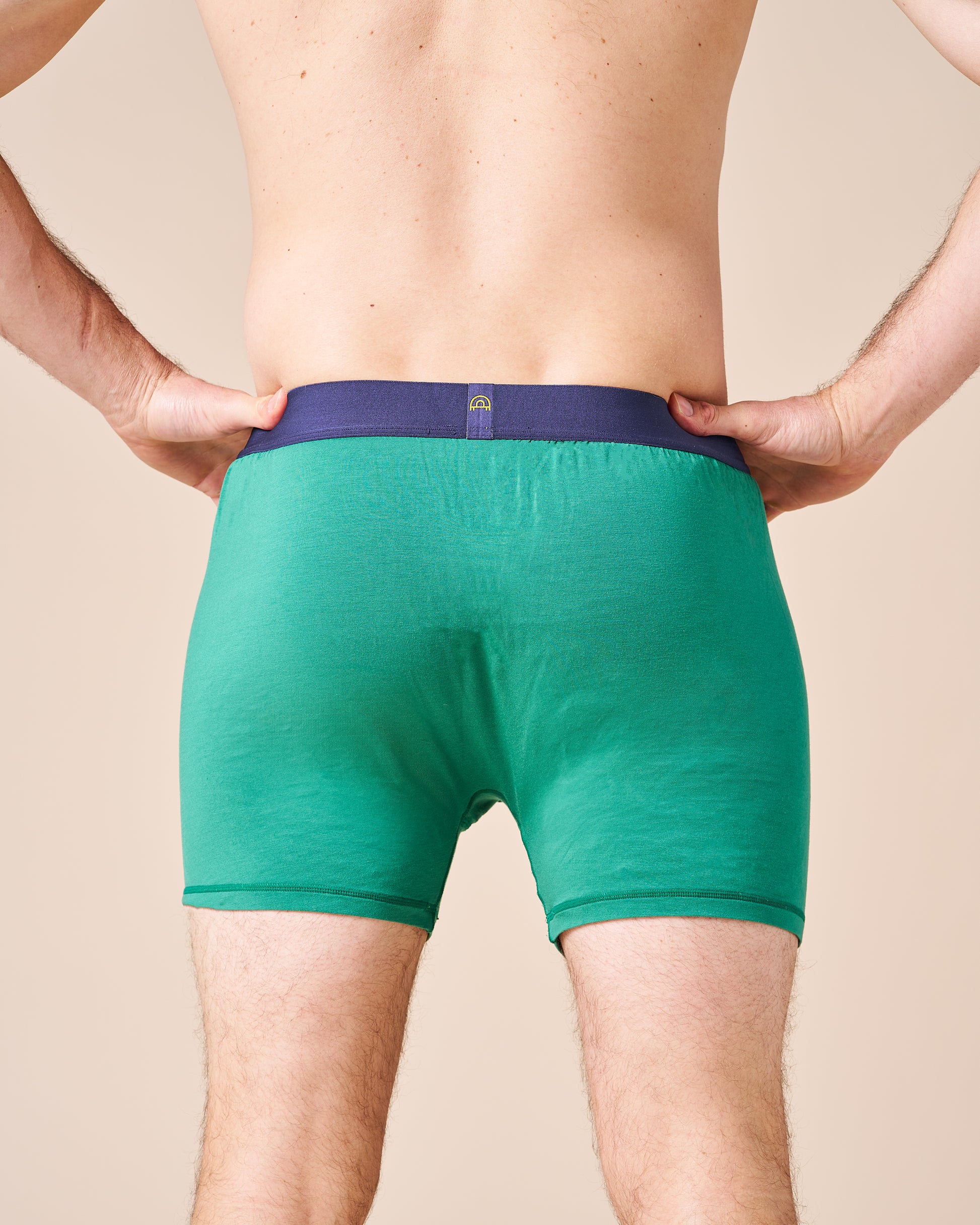 Back view of a model wearing the supportive and roomy Green Fruitful Boxer.

